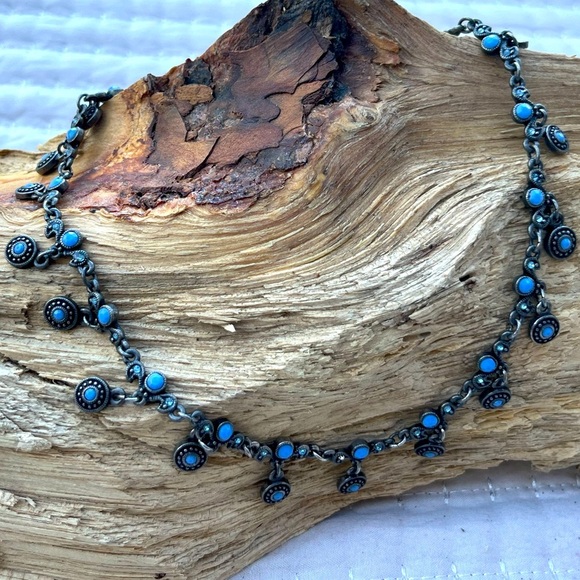 Vintage Y2K Necklace Blue & Gun Metal Silver Claw Clasp with Extender Chain - Picture 1 of 8